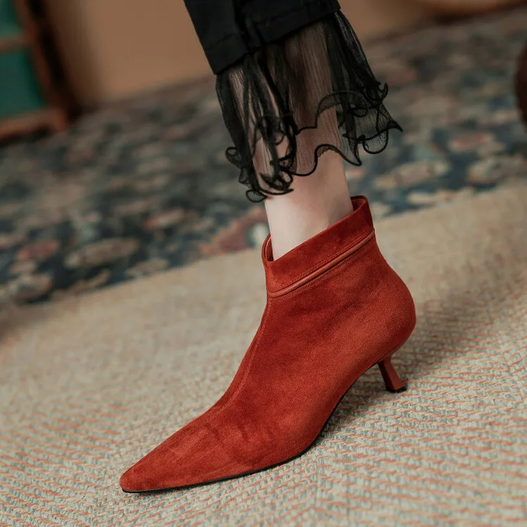 Elegant Vintage Red Suede Women Ankle Boots Pointed Toe Brown Short Autumn Botas Side Zipper Thin High Heels Party Pumps Zapatos