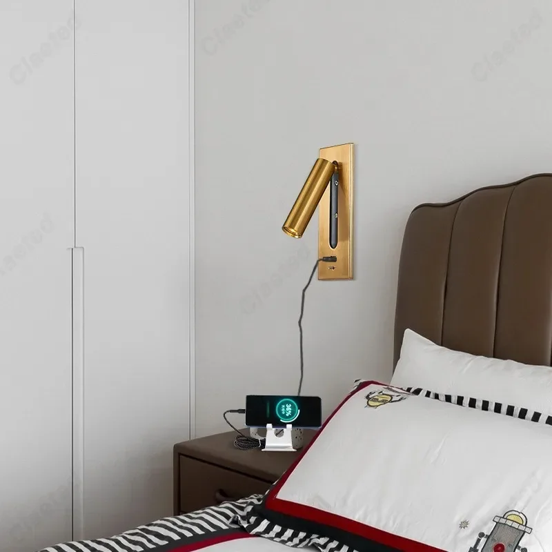 Simple LED Embedded with Switch Wall Light 3W Warm Light Spotlight Reading Light USB Charging Port Indoor Bedroom Bedside Lamp