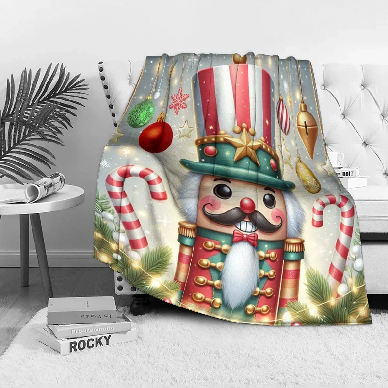 Nutcracker Soldier Christmas Fleece Blanket, Red with Candy Cane Ornaments, Festive Throw for Holiday Sofa Decor