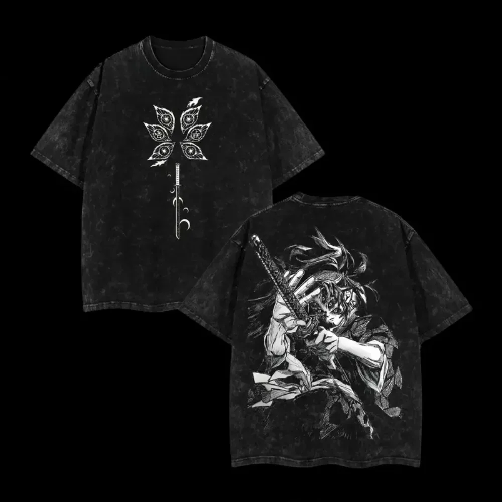 Japanese Anime Demon Slayer Kokushibo Graphic Washes T-shirts Men's Women's Pure Clothing Harajuku Y2K Streetwear Cotton Tops gallery 1