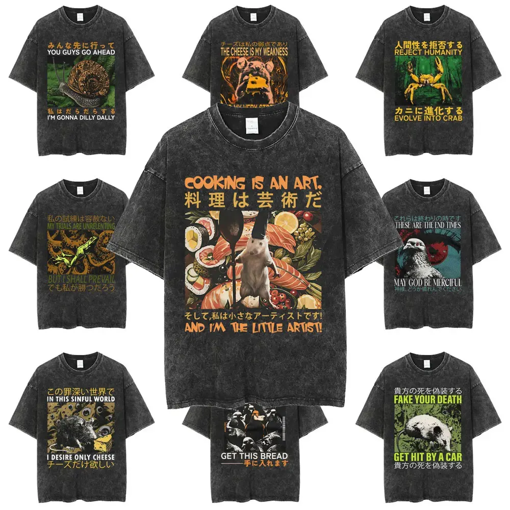 

Funny Japanese Style Capybara Snail Pigeon Raccoon Opossum Frog Crab Rat Vintage Washed T-shirt Men Cotton Casual Humor T Shirts