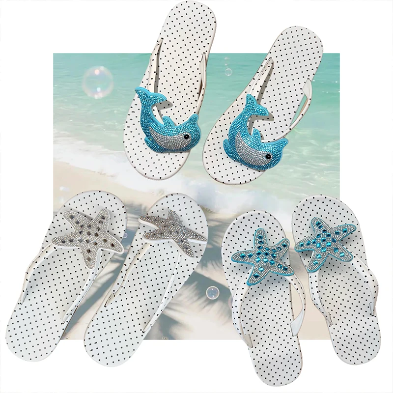 Summer Beach Wedge Flip Flops Ladies White Polka Dot Rhinestone Star Dolphin Ornament Platform Non Slip Slippers Ocean Series
