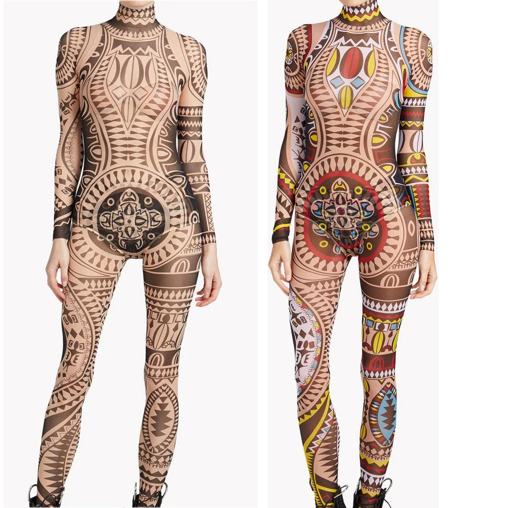 Plus Size Women Tribal Tattoo Print Mesh Jumpsuit Romper Curvy African Aztec Bodysuit Celebrity Catsuit Tracksuit Jumpsuit