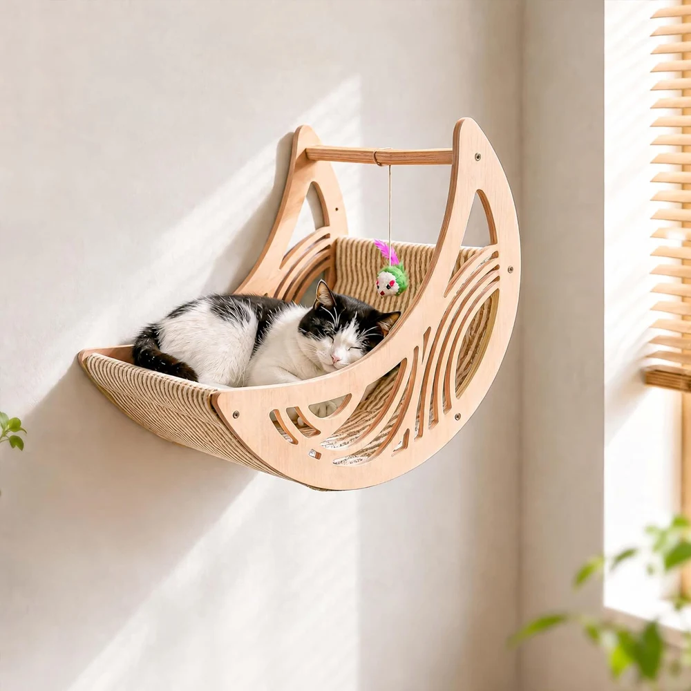 Mond & Stern Katzen-Wandregale: Moderner Holz-Katzenbaum mit Bett, Hängematte und Klettermöglichkeiten für Hauskatzen – Zubehör – Detail 3