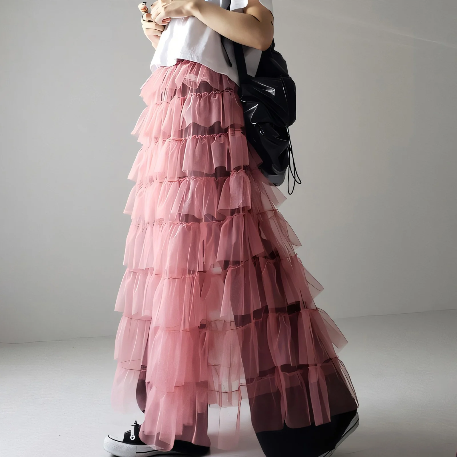 Vestido de tul en capas para mujer, Color sólido, transparente, cintura elástica, corte en A, falda larga fluida, ropa de calle informal