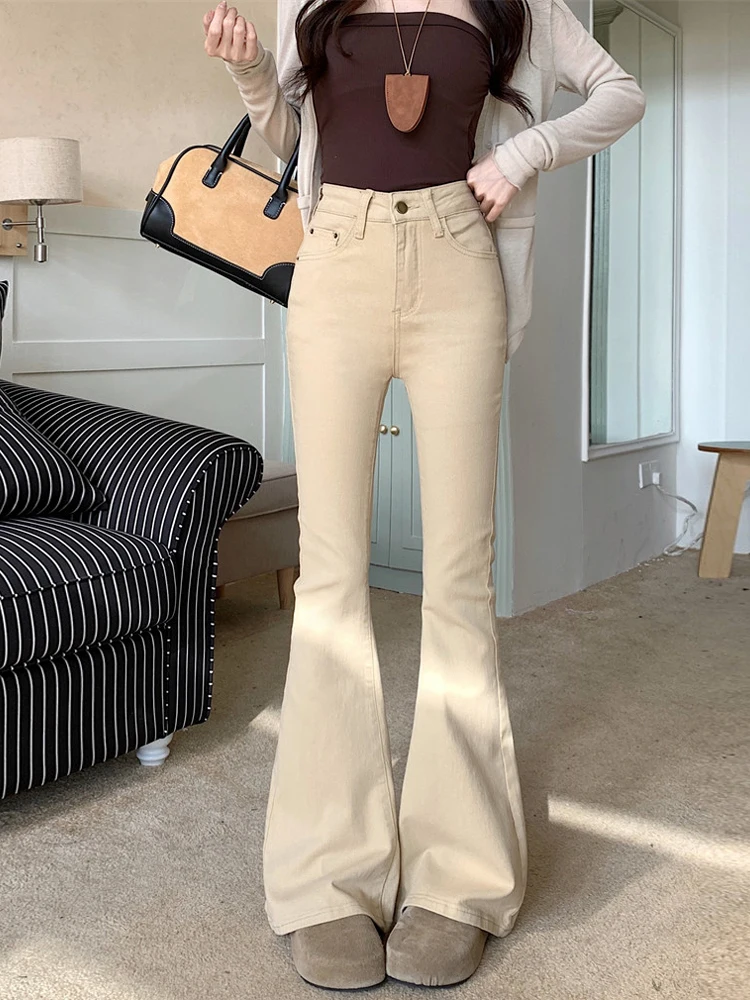 

Женские джинсы-клеш с высокой талией в стиле ретро, облегающие, длинные, зимние, повседневные, американского стиля, с эффектом потертости