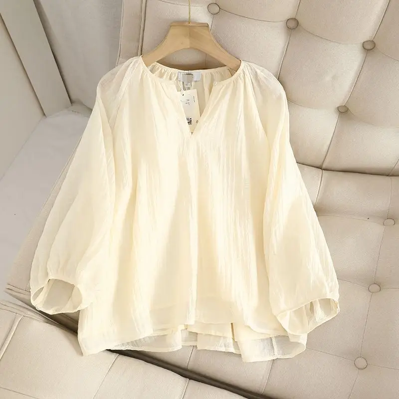 Lightweight And Breathable Shirt For Women's Spring And Autumn 2024, Loose Design, Lantern Sleeve Pleated Casual Top