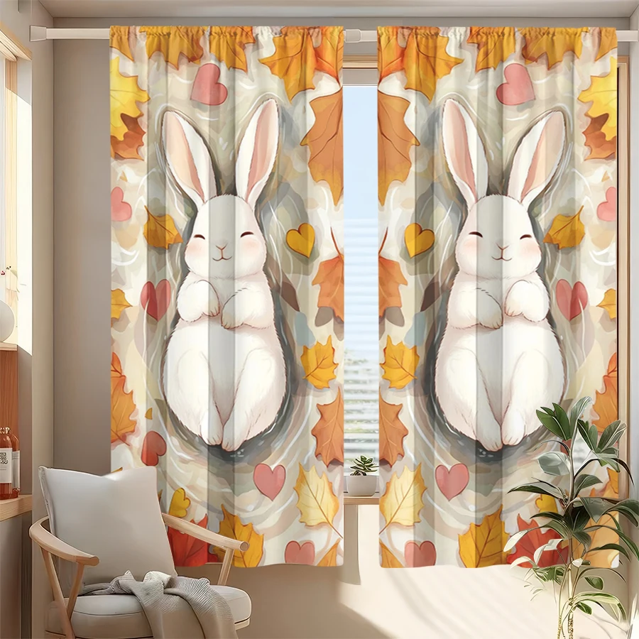 2PCS Digital Print Curtain, White Rabbit Autumn Leaf Heart Water, Fall Cute Animal for Living Room Bedroom Kitchen Decor