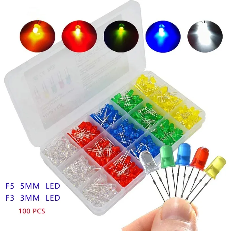100PCS/lot  3mm 5mm F3 F5 Round LED Ultra Bright White Green Yellow Blue White Red Light Emitting Diode For Diy Kit