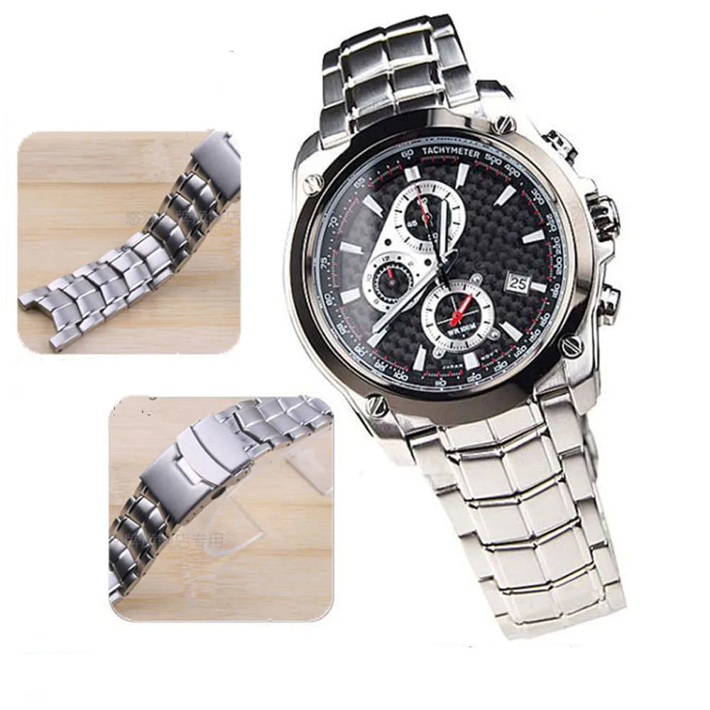 Brushed Stainless Steel Genuine Watch band For CASIO Edifice EF-524 Watch Strap Men Watchband Silver Safety Folding Clasp 22mm