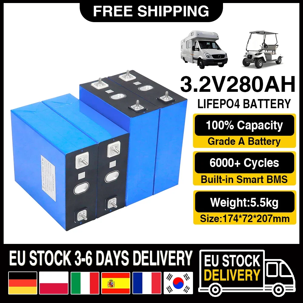 

3.2V 280Ah LiFePO4 Lithium Iron Phosphate Battery Pack Can be Combined into 12V 24V 36V 48V Rechargeable Cells EU 7 Day Delivery