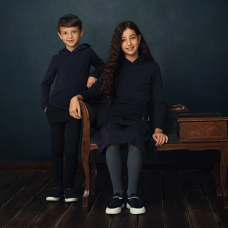 Blue Leopard Denim Children Set Long Sleeve Top Shirt Outfit Denim Washed Cotton/Spandex Dress Leopard Hoodie and Raw Edge Patch
