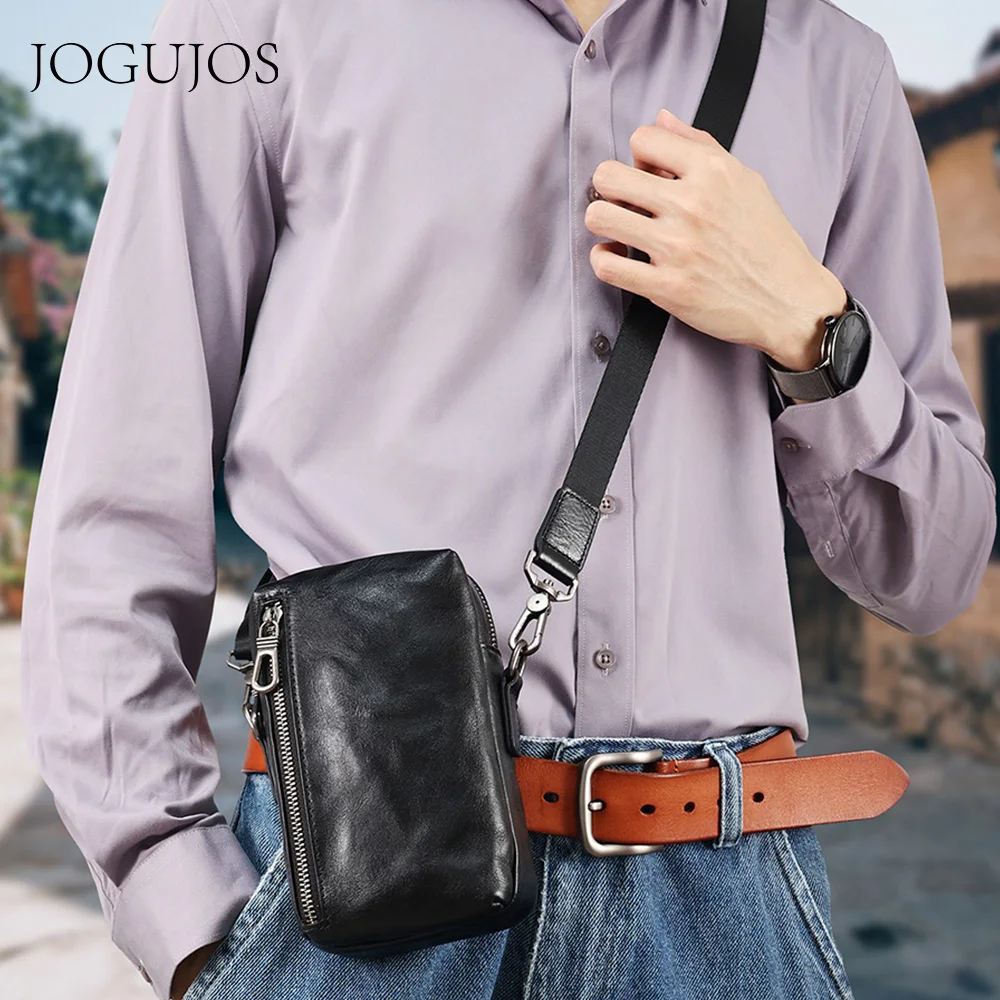 

JOGUJOS Shoulder Bags Genuine Cowhide Leather Men Casual Waist Bag Small Messenger Sling Bag Fashion Fanny Pack Side Bag