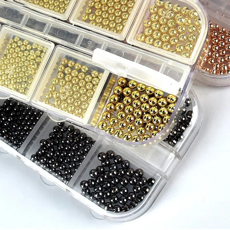 

12grid/box3D Plated Metal Nail DIY Manicure Multi-size Gold Silver Round Shape Bead Balls Nail Art Decoration Charms Accessories