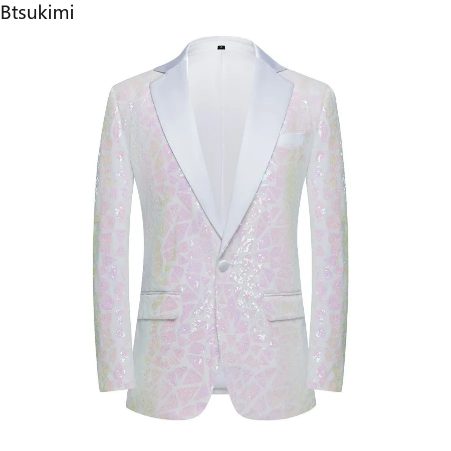 

2024 Shiny Sequins Suit Coats Men's Fashion Evening Banquet Party Slim Fit Blazers Tuxedo Singer Stage Performance Host Costumes