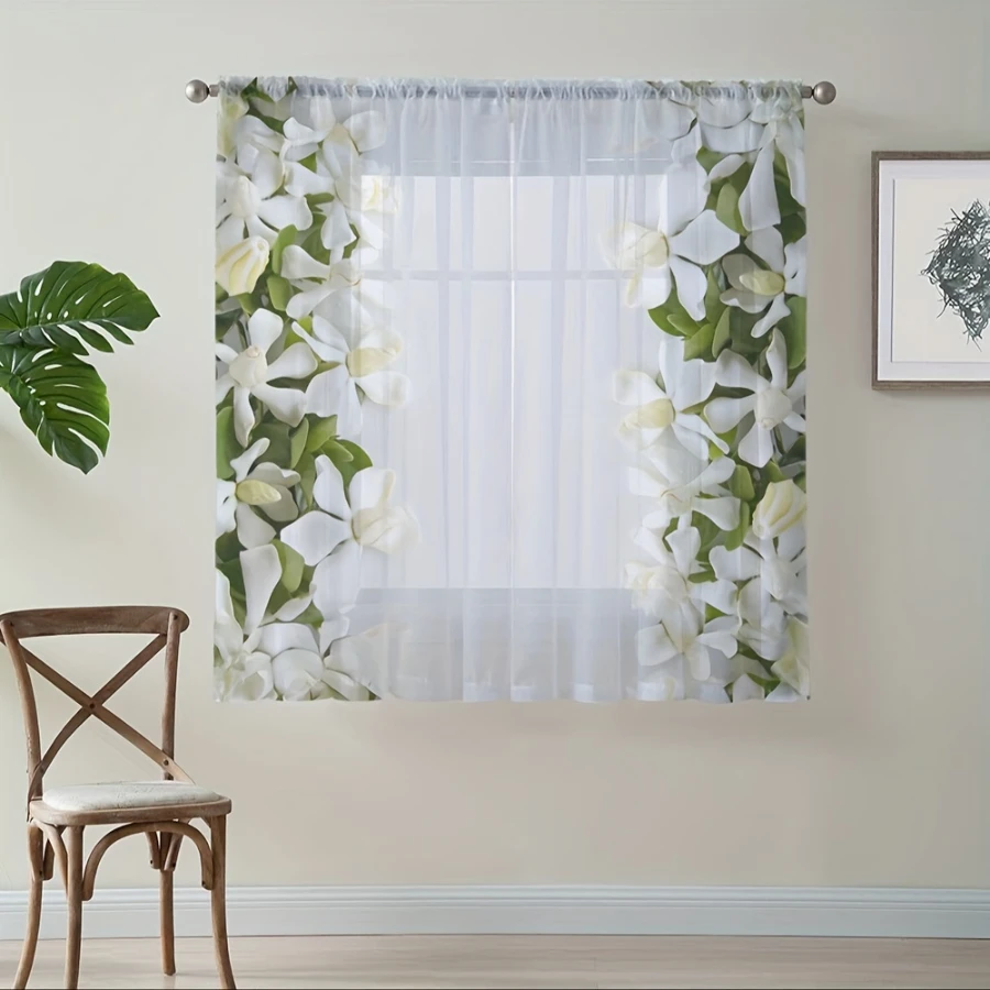 2PCS Digital Print Sheer Curtain, Magnolia Flower Elegant Charm Pattern, Fresh Chinese Traditional Ink Painting Style Decor