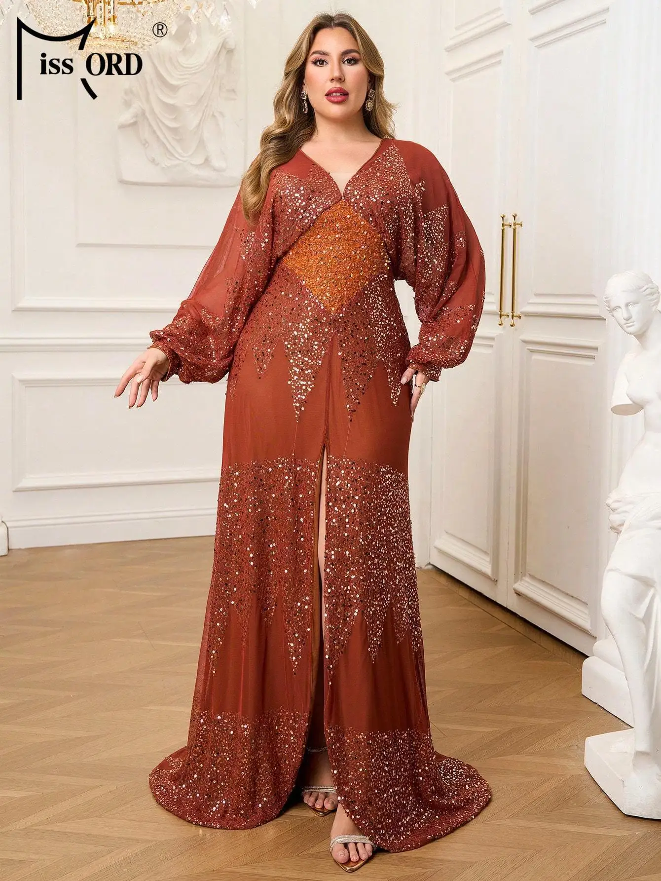 Missord حجم كبير الكنيسة الخامس الرقبة فانوس كم الترتر فضفاض الخريف ثوب مسائي الزفاف حفلة عيد ميلاد فستان جميل أنيق #3