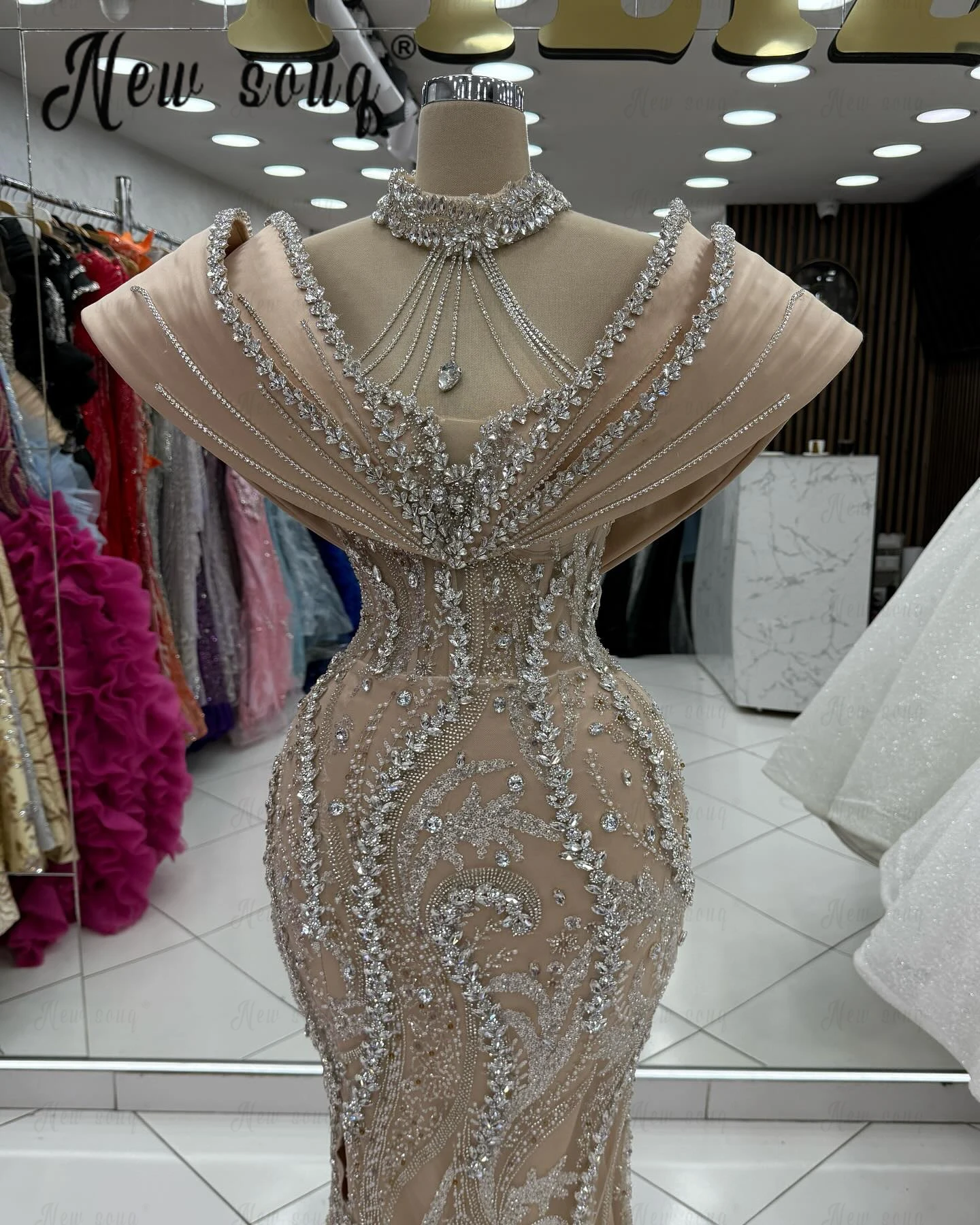 Vestido de cóctel champán elegante sirena Maxi rebordear invitados de boda eventos vestidos piedras árabes bata Soirée mujer personalizado