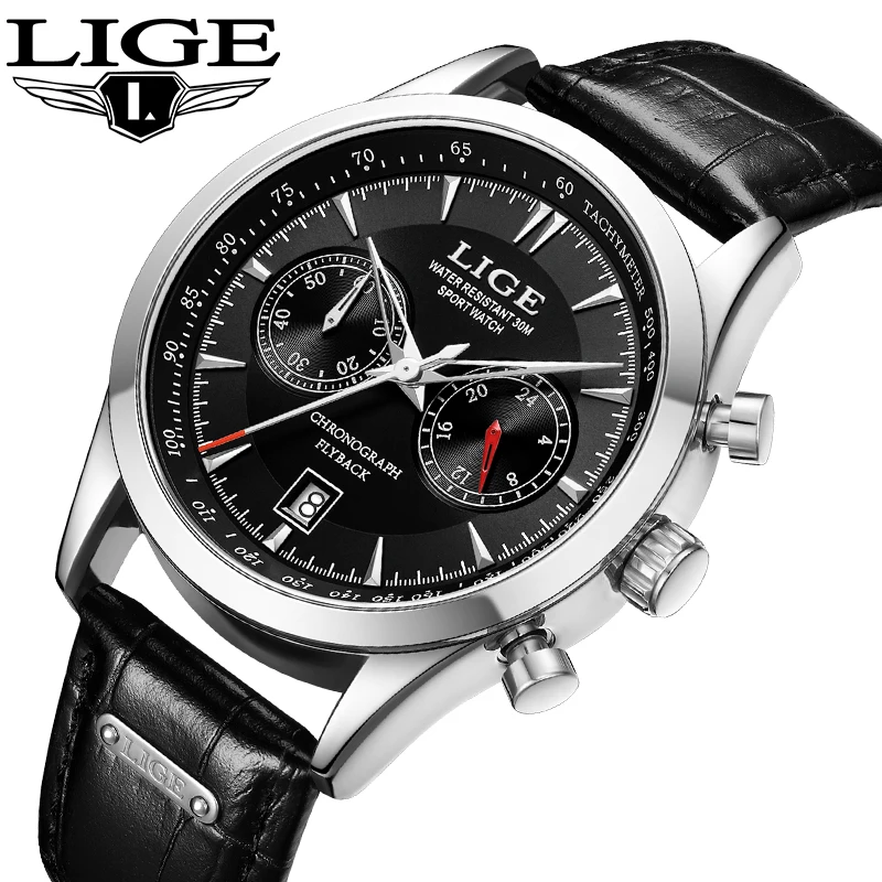 LIGE Fashion Luxury Casual Sport Watch for Men Leather Strap Quartz Man Wristwatches Waterproof Business Date Clocks Chronograph