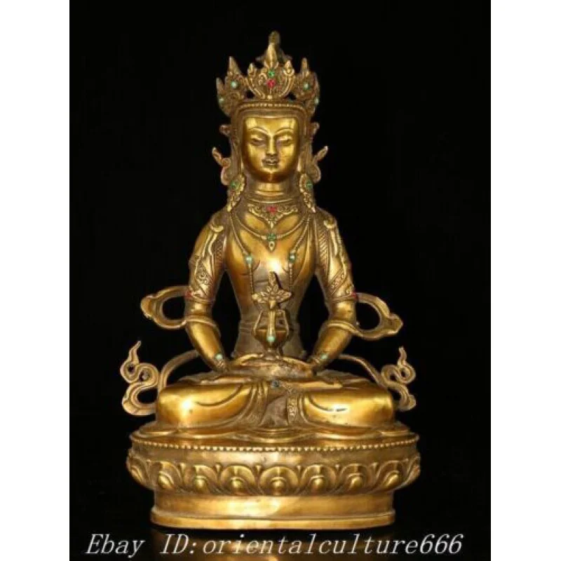 

old Tibet bronze Gilt inlay gem Amitayus longevity God Goddess Buddha Statue