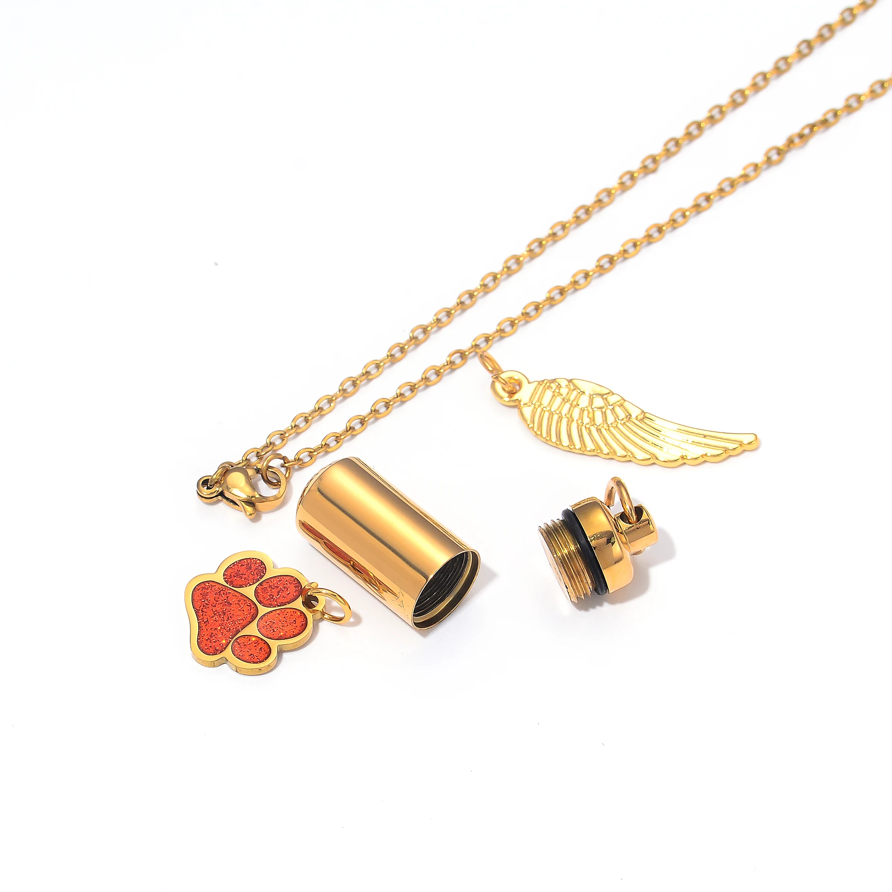 Personalized  Stainless Steel Cylinder Urn Necklace With Wings Pet Paw Pendant For human Pet Memorial Jewelry Keychain Gift view 4