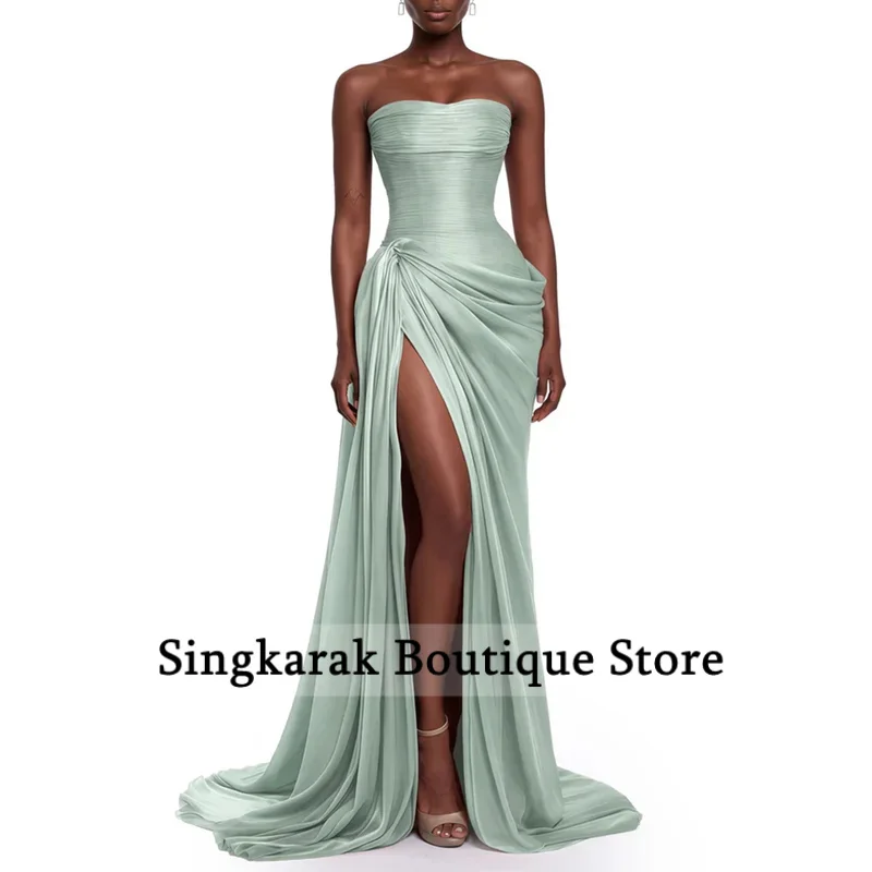 Sage Green Strapless Elegant Pleated Evening Dress Mermaid Sleeveless Shiny Chiffon Floor Length Party Dress Customized