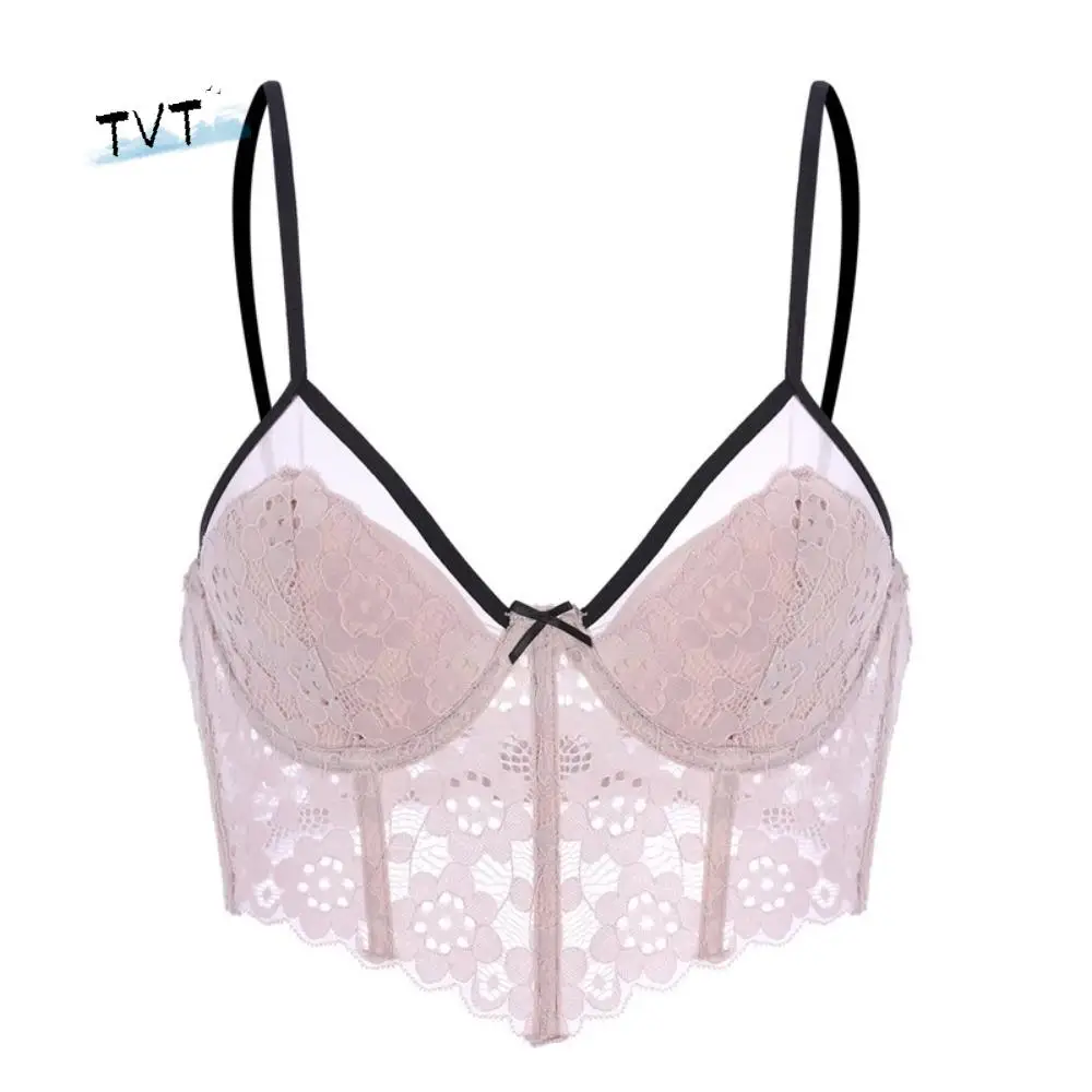 

Spicy Girl Style Mesh Bow Lace Flower Camisole Transparent Suspender Vest Lace Bow Bra Sleeveless Sweet Slim Crop Tops Travel