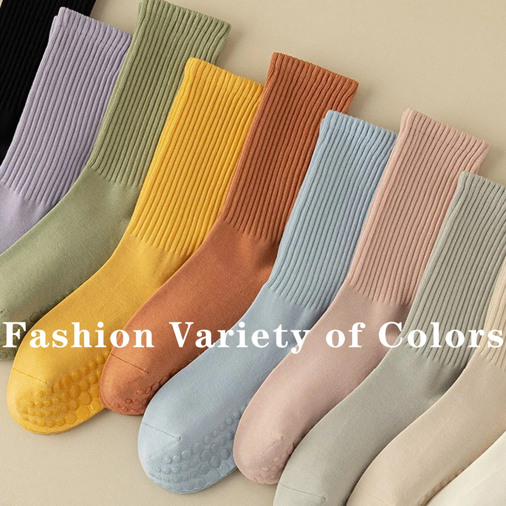 3 Pairs of Cotton Anti Slip Yoga Socks Medium Length Socks Solid Color Fitness Pilates Women's Sports Socks