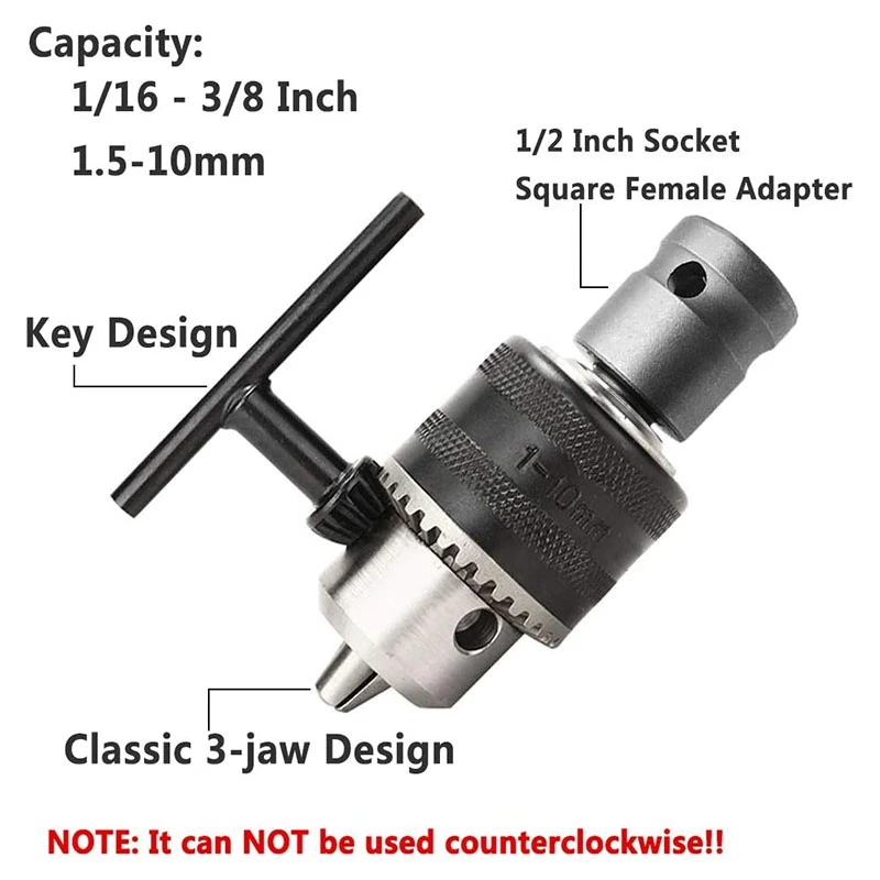 Convertisseur de mandrin de perceuse à clé, adaptateur femelle carré, 1.5-10mm, capacité de 1/16 à 3/8 pouces, douille de 1/2 pouces