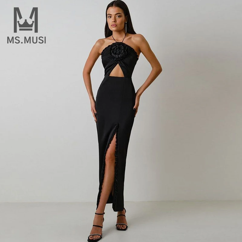 MSMUSI 2024 ใหม่แฟชั่นผู้หญิงเซ็กซี่Halter Floral Decor Hollow Out Ruffles Backless Bandage Bodycon Party Club Maxiชุด