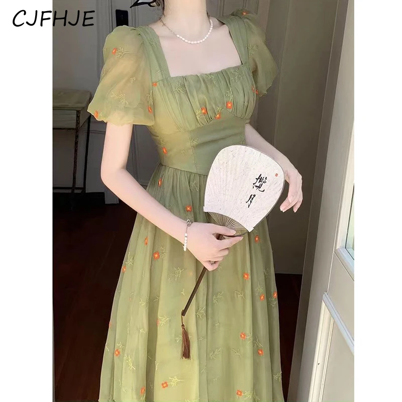 CJFHJE Women Square Collar Embroidery Ruched Elegant Party Dresses Summer Trendy Short Sleeve Chic Sweet Fairy Slim Midi Dress