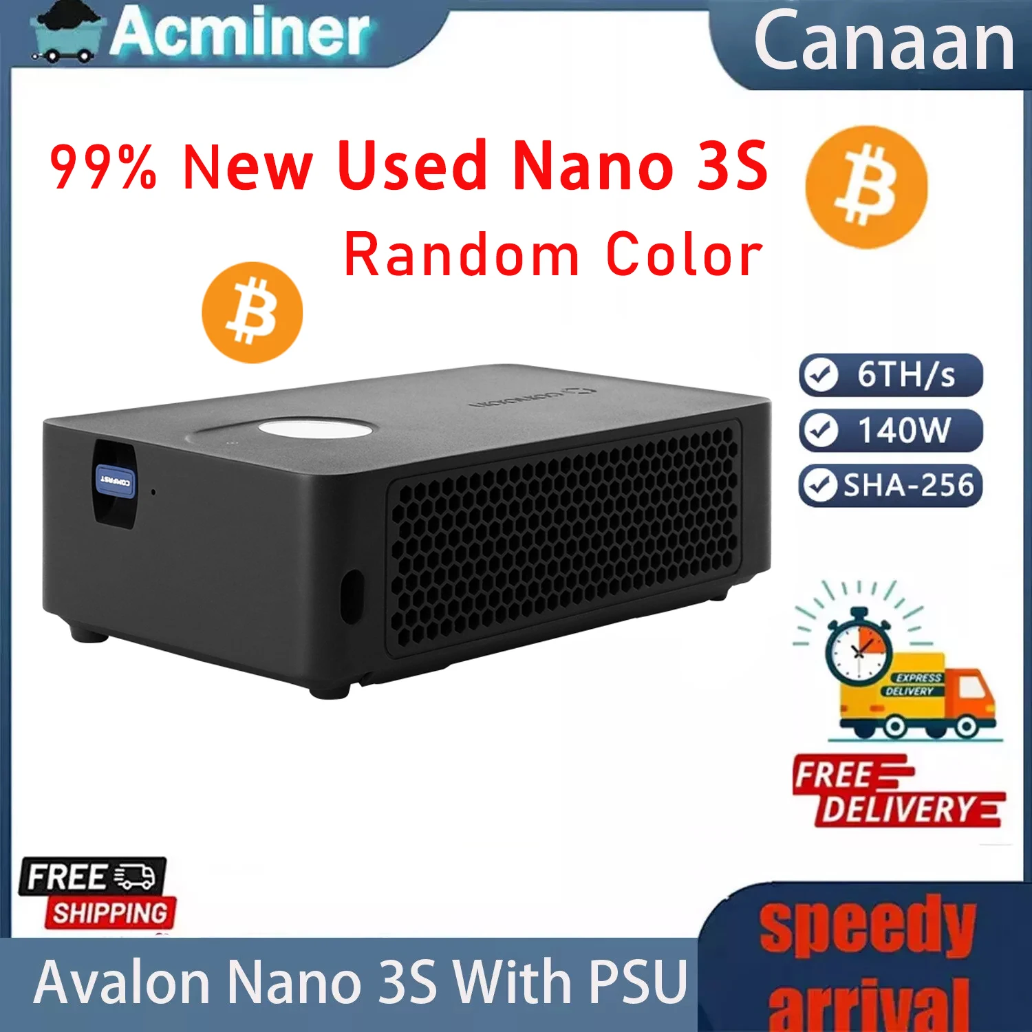 99% новый биткойн-майнер, используемый Avalon Nano 3S Canaan Mining с оригинальным блоком питания 140 Вт Solo 6th/s Mini Machine Lottery Lucky Miner