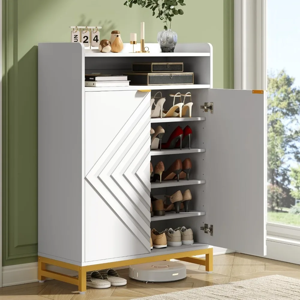 

Entrance shoe cabinet, 6-story shoe cabinet with threaded doors and adjustable shelves, wooden shoe rack