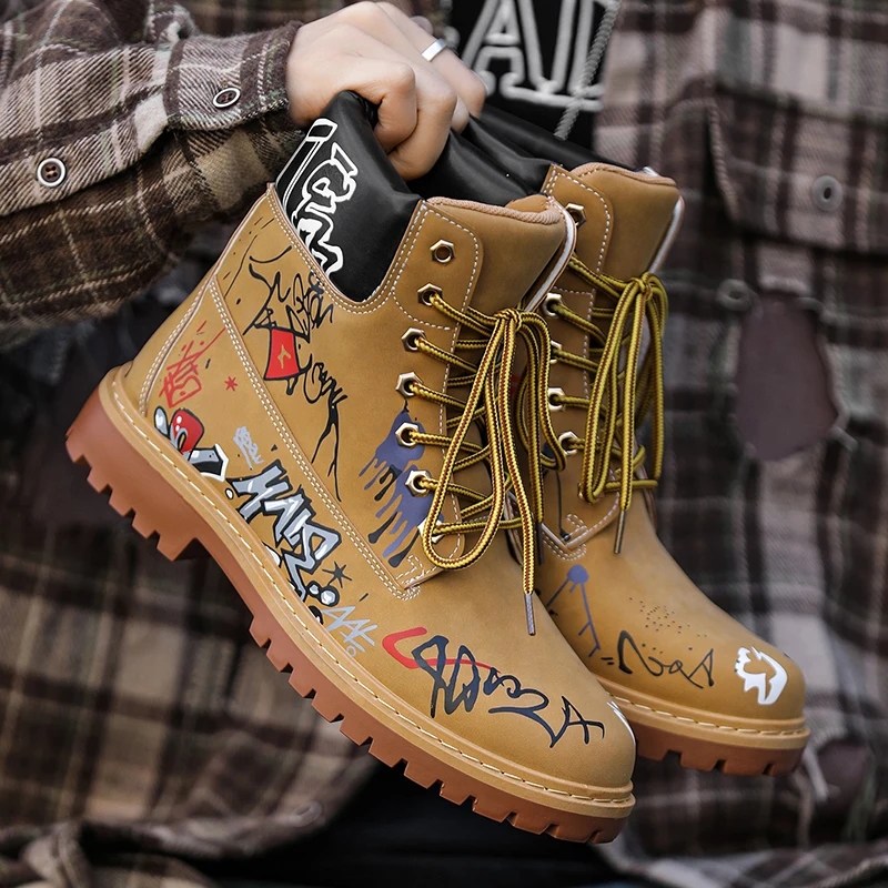 

Autumn and winter warm niche lace-up PU leather British fashion men's shoes trendy high-top rhubarb boots