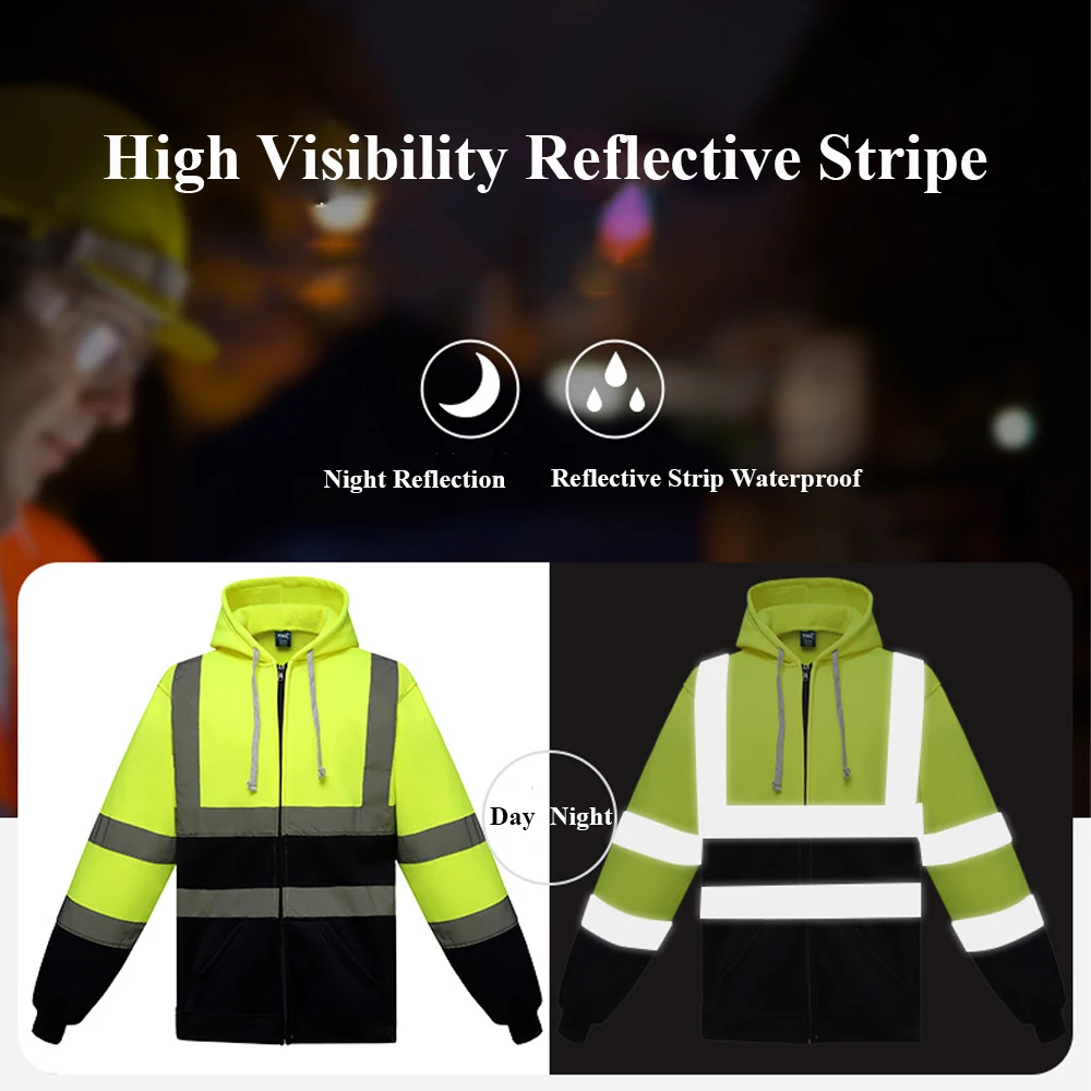 Reflective Men Hoodie Sweatshirt High Visibility Safety Work Jacket Loose Zipper Long Sleeve Hooded Pullover Winter Coat