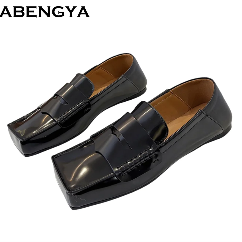 

Spring Black Leather Loafers Women's Flat Casual Shoes Slip On Square Toe Single Shoes Femmal Ballet Flats Shoes Women