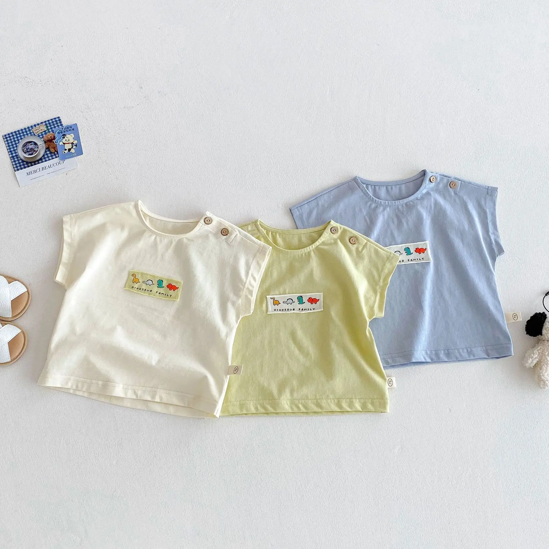 Children's Patch T-shirt 2025 New Summer Boys' Korean Version Cartoon Shoulder Button Base Shirt Trendy Baby Sleeveless Top