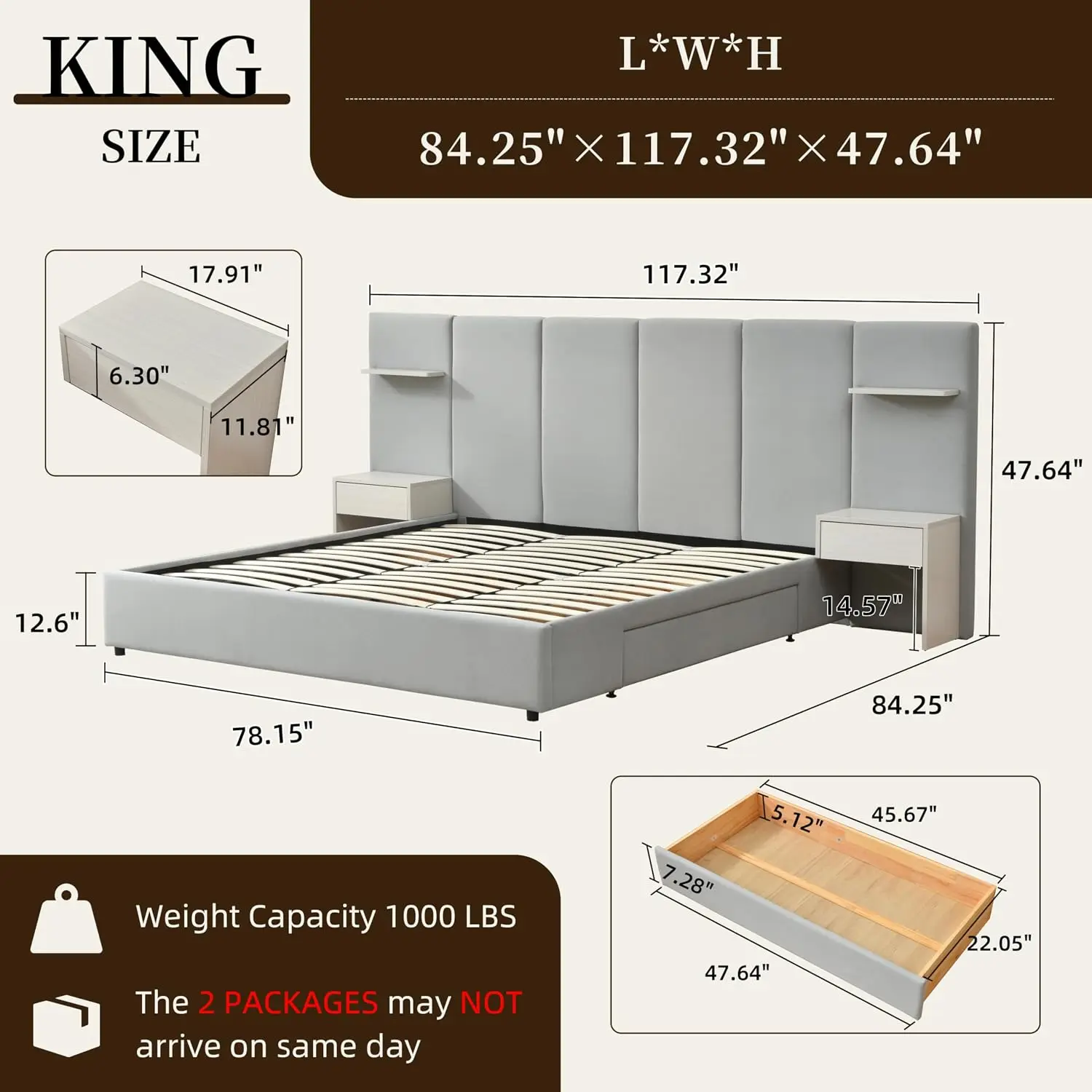King Size Bed Frame with Storage & Built-in Nightstands & Drawers, Gray | Velvet Upholstered Platform Bed Frame & 6 Floating Sto - view 2