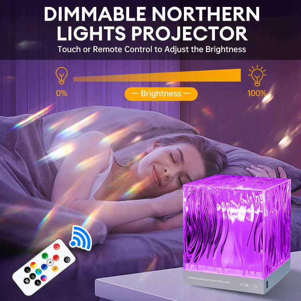 

RGB Crystal Lamp Water Ripple Projector Night Light Remote Control Dynamic Aurora Light Rechargeable Timing Atmosphere Light