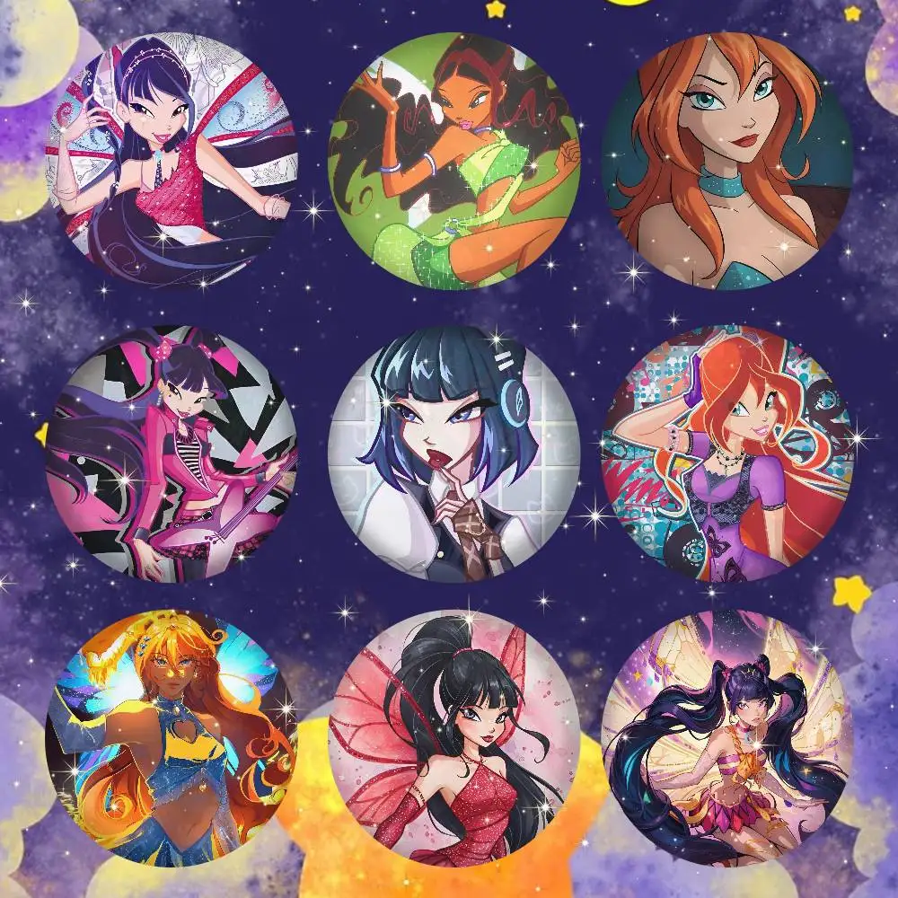 W-winx clube broche de folha de flandres figura ícone crachá broches artesanais para mochila decoração de roupas