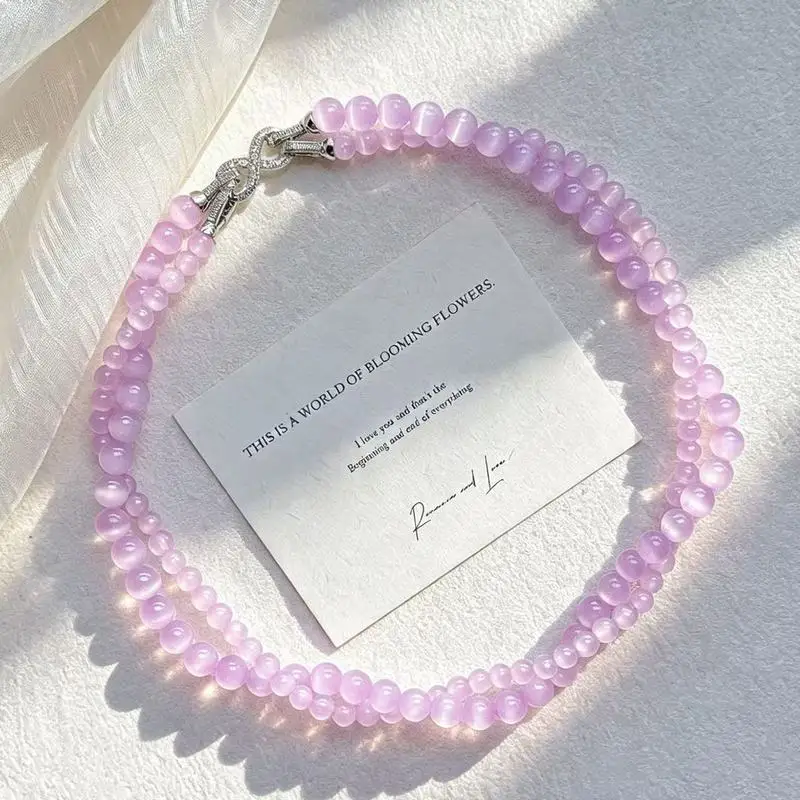 High-quality purple lithium tourmaline cat's eye stone double-layer necklace with multiple wearing styles suitable for the coll