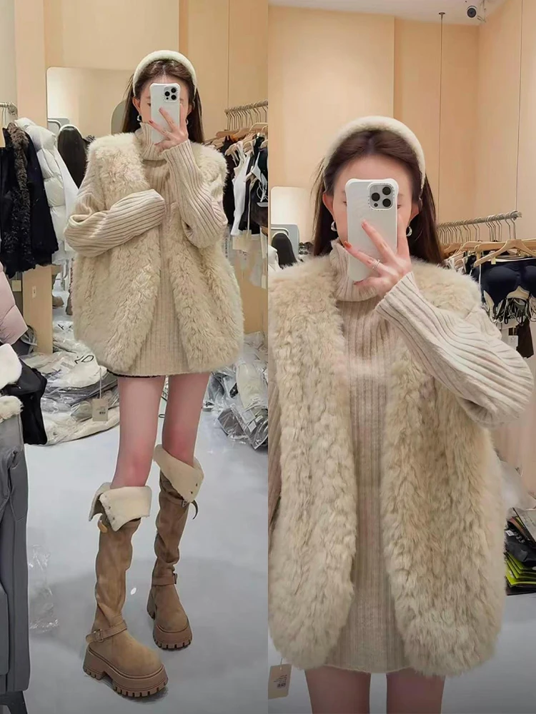 

Fashionable Long Sleeve Knitted Set Women's Lazy Style Fur Vest Winter Warm Casual Outfit High Waist Short Skirt Ensemble