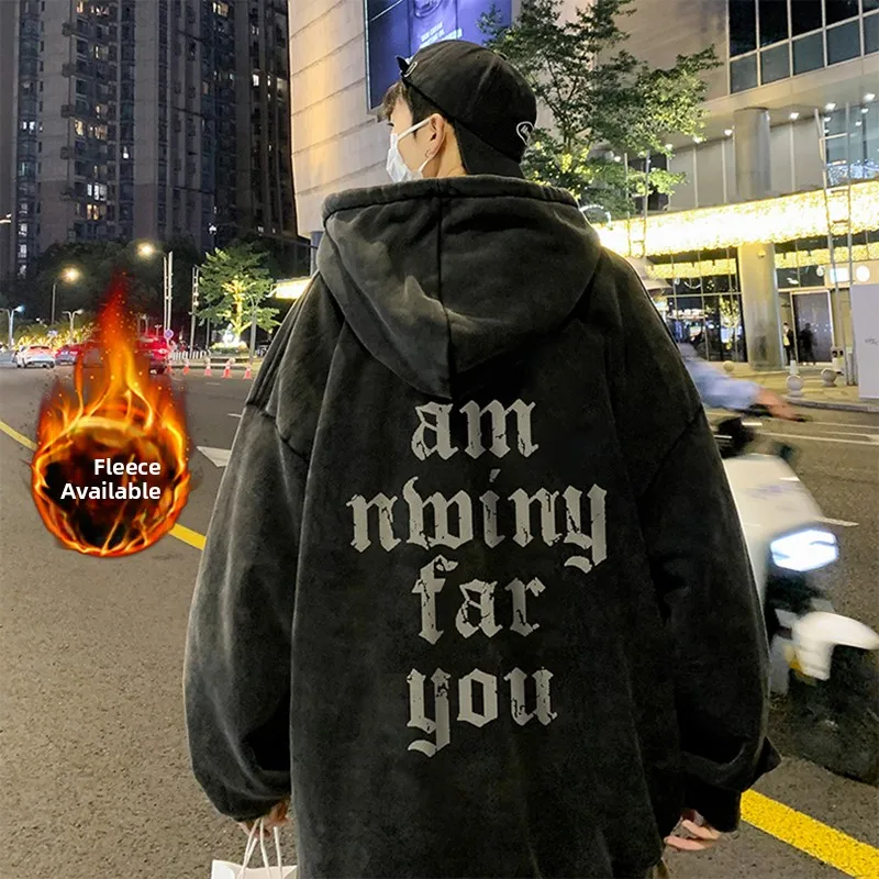 

American High Street Sle Men's Hoodie Winter Thiened Fce Lined Waed out Heavy Jaet k Sportswear Casual Streetwear