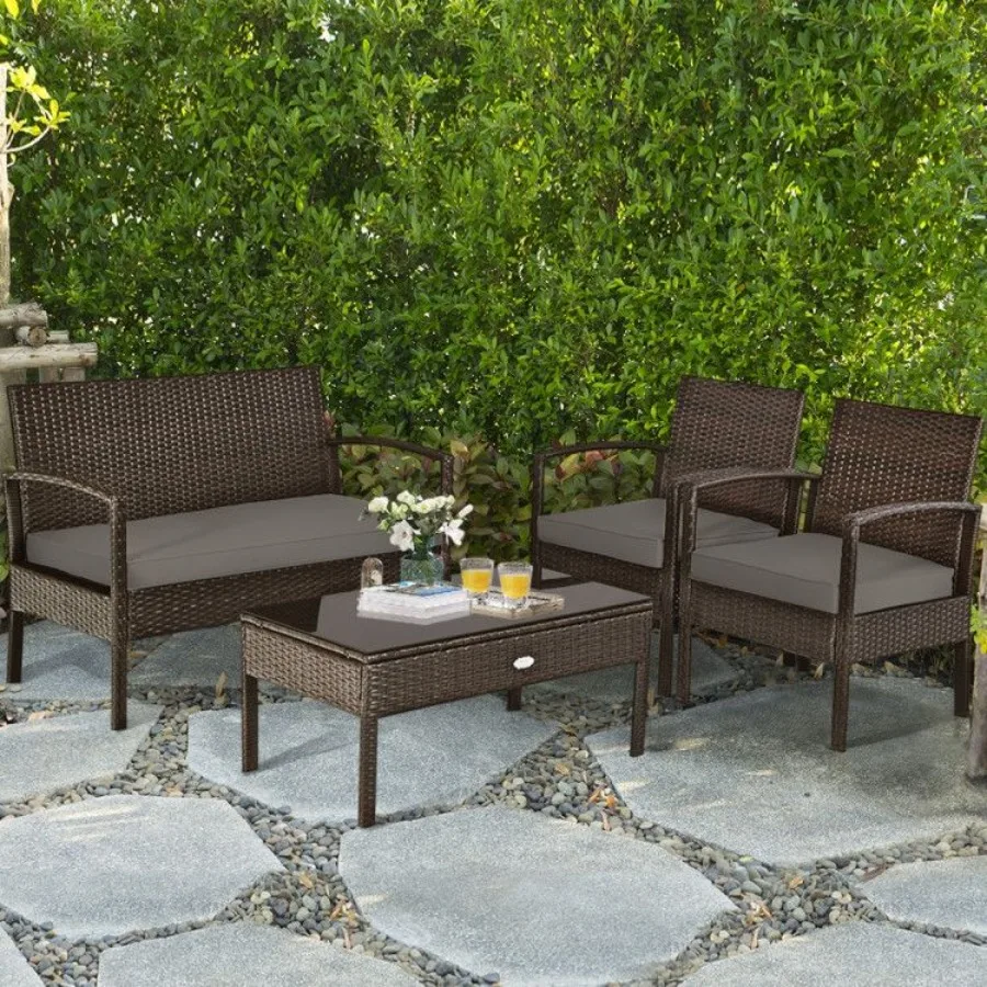 

4 Pieces Patio Rattan Cushioned Furniture Set with Loveseat and Table Outdoor Conversation Sets
