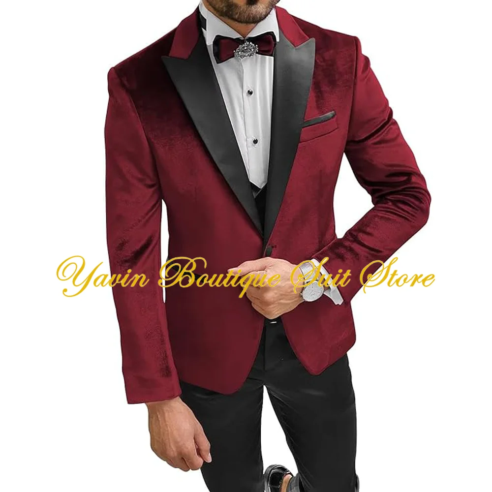 Men's Velvet Blazer 3 Piece Jacket Slim Fit One Button Tuxedo Suit Blazer Sport Coat for Wedding Prom Dinner Party