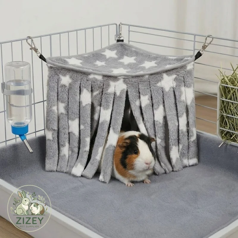 Meerschweinchen-Eck-Fleece-Versteck mit Hängevorhang und Quasten, Hängematte, Haustierbett für Kaninchen, Chinchilla, Frettchen, Ratte, Käfigdekoration – Detail 1