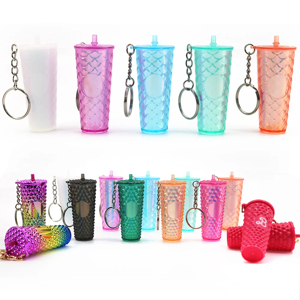 Creative Dragon Scale Pattern Drinking Cup Keychain Gradient Durian Cup Pendant Colorful Plastic Straw Cup Accessories