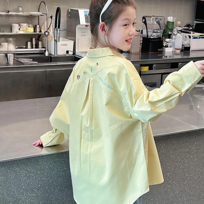 2026 New Girls Cotton Shirt Jacket Spring Autumn Long Sleeve Open Cardigan Loose Versatile Blouse Outerwear Kids Fashion