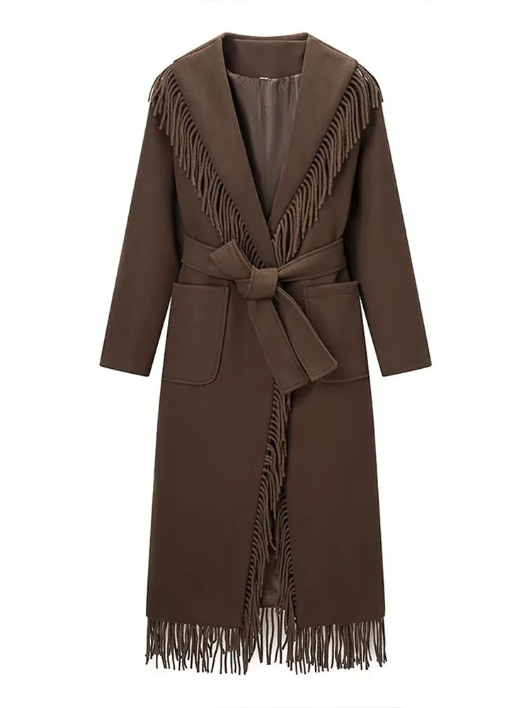 เสื้อโค้ทขนสัตว์สไตล์เรโทรแฟชั่นใหม่สำหรับผู้หญิง ดีไซน์อเนกประสงค์ แต่งพู่ พร้อมเข็มขัดและกระเป๋า แขนยาว สไตล์ลำลอง เหมาะกับสาวๆที่ชอบความมีสไตล์