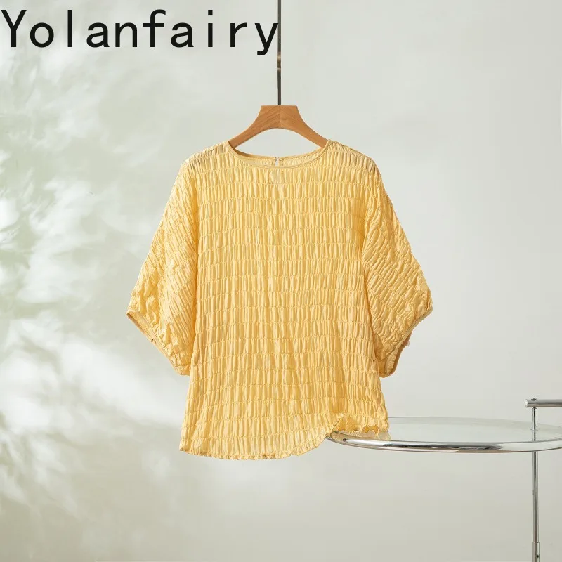 YOLANFAIRY 93% Real Mulberry Silk T Shirts Woman Clothing 2026 Summer Bubble Crepe Women Top Bat Sleeves Elegant Tee Shirt Femme